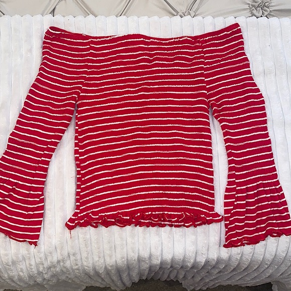 Off the shoulder red and white striped long sleeve shirt - Picture 1 of 1